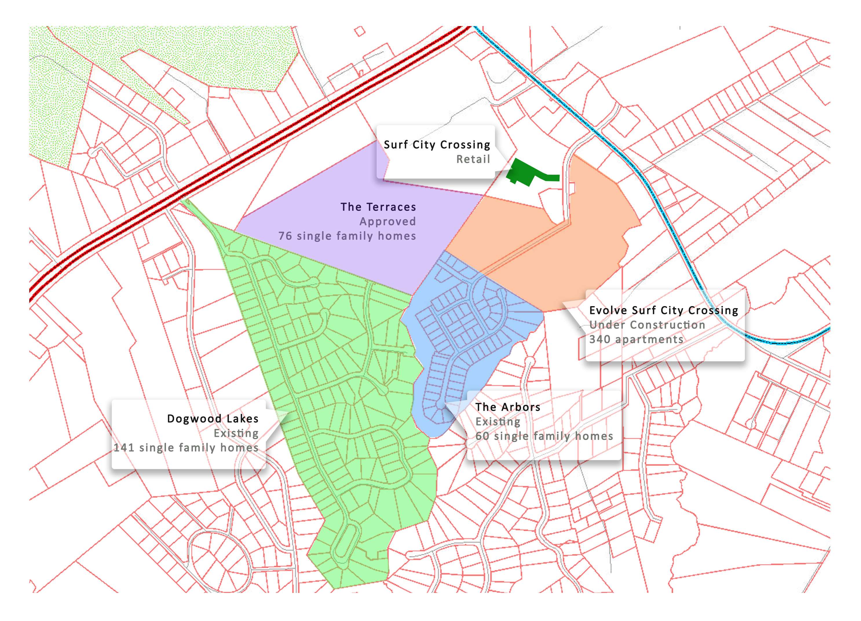 Residential development surrounding Surf City Crossing
